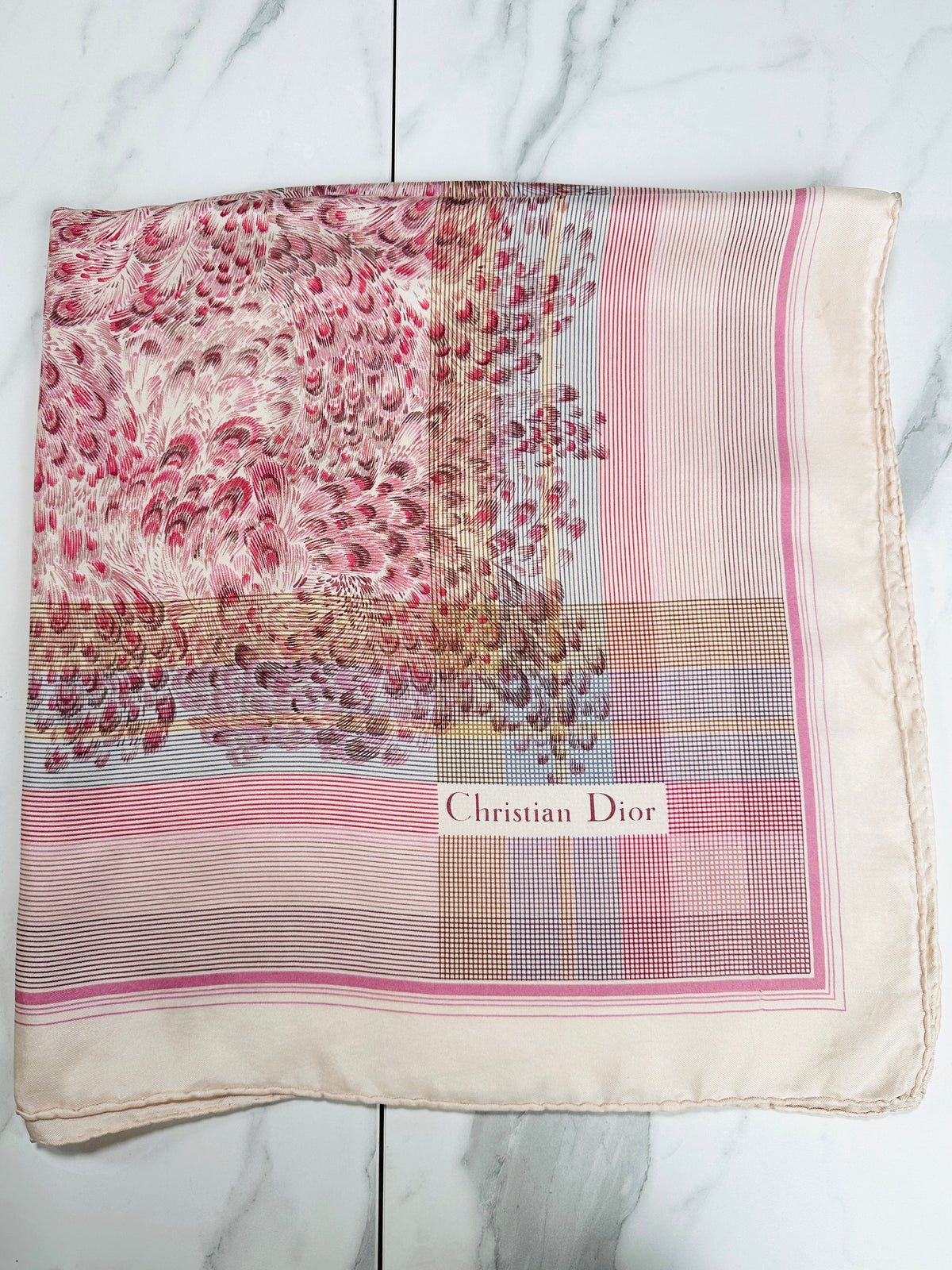 Carré Christian Dior en soie motif plume vintage authentique