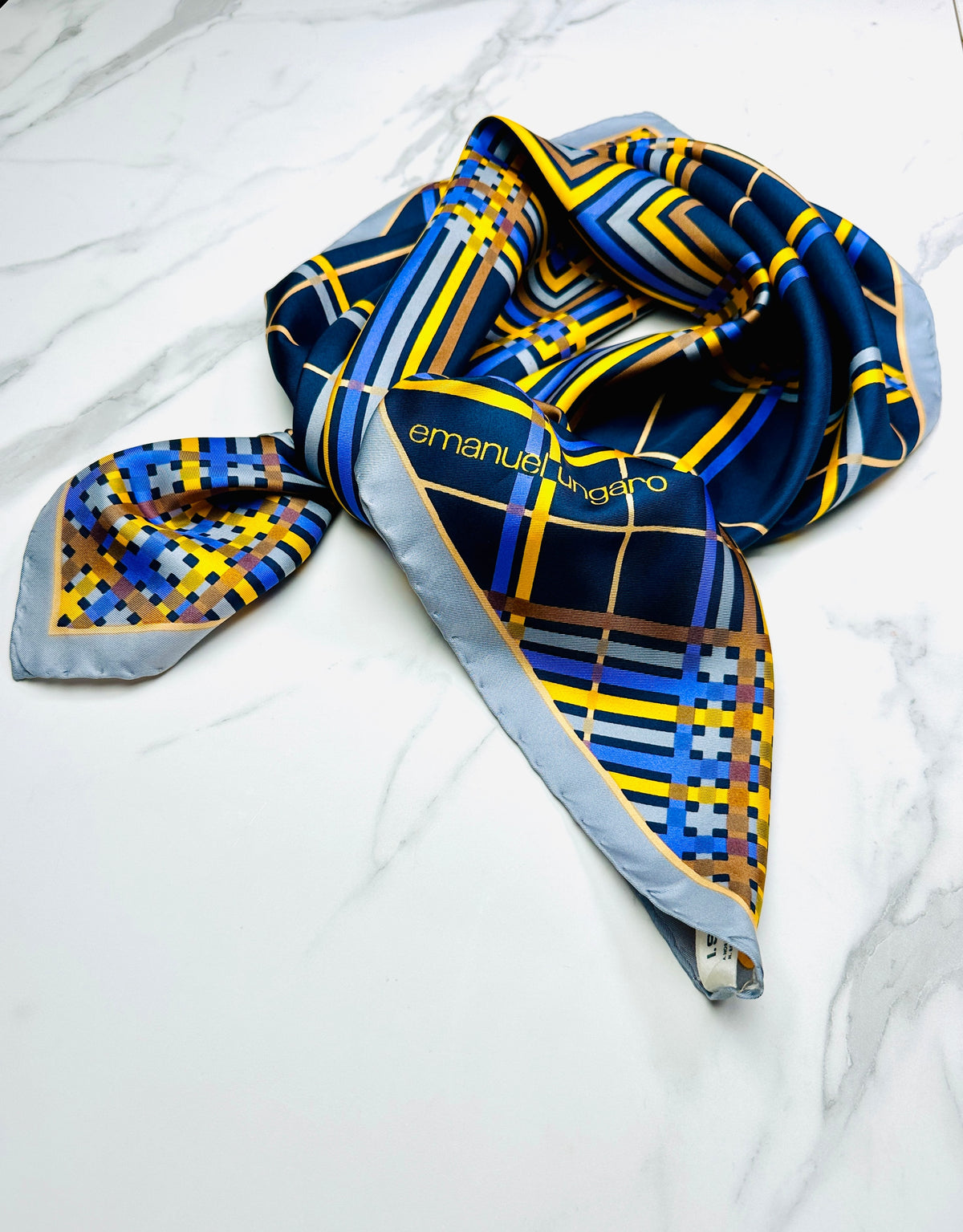 Large silk scarf Emanuel Ungaro navy blue with authentic vintage geometric pattern