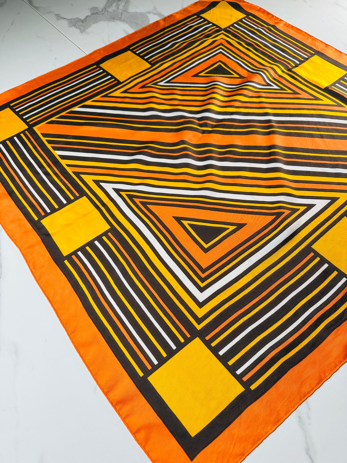 Authentic vintage orange and yellow geometric pattern silk scarf by Paco Rabanne