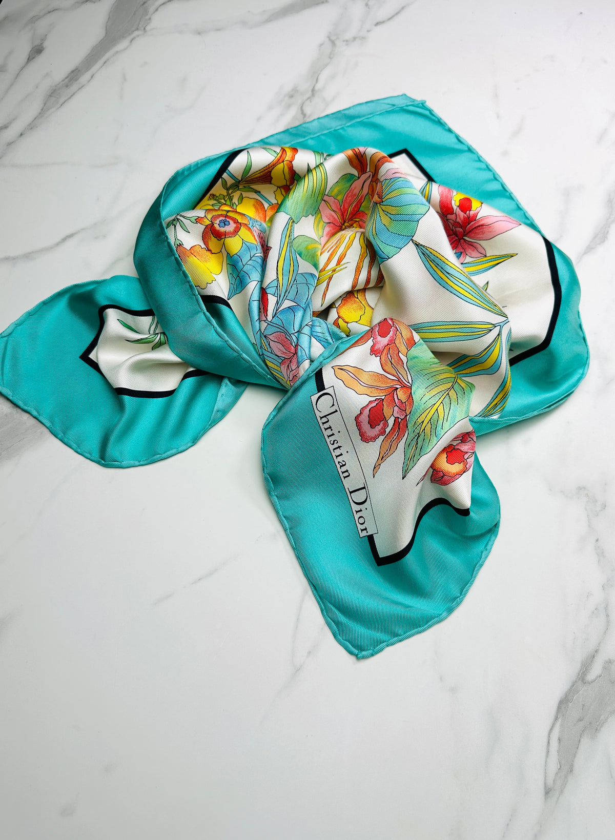 Grand foulard en soie Christian Dior turquoise et ivoire avec motif floral vintage authentique