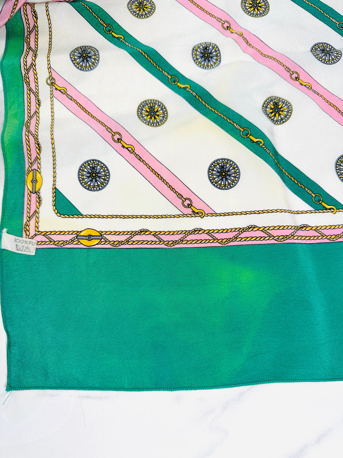 Authentic Céline Silk Scarf in Green and Cream Chain Print