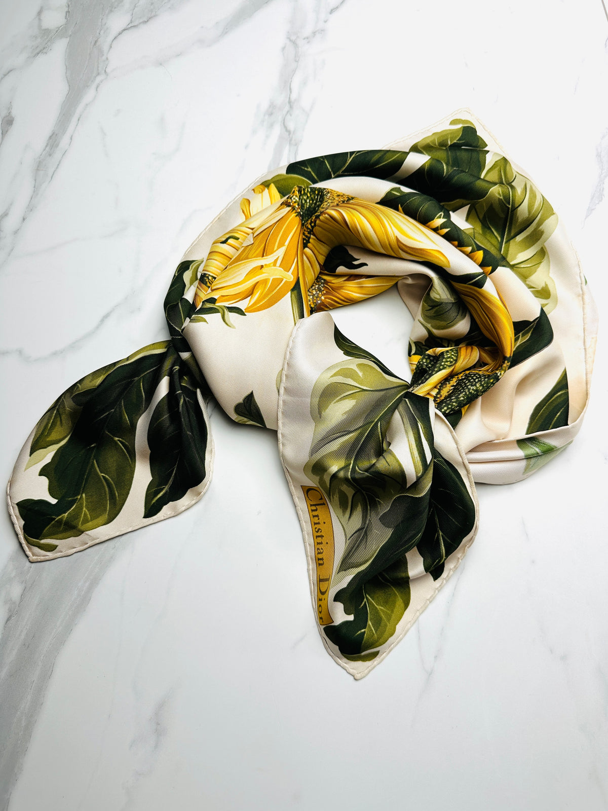 Grand foulard Christian Dior en ivoire et vert avec motif tournesol vintage Authentique