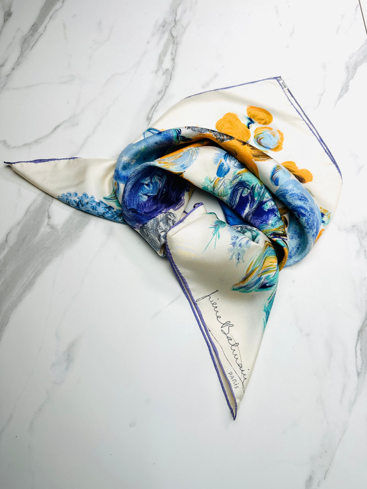 Authentic Vintage Silk Scarf Pierre Balmain Cream and Blue with Floral Pattern