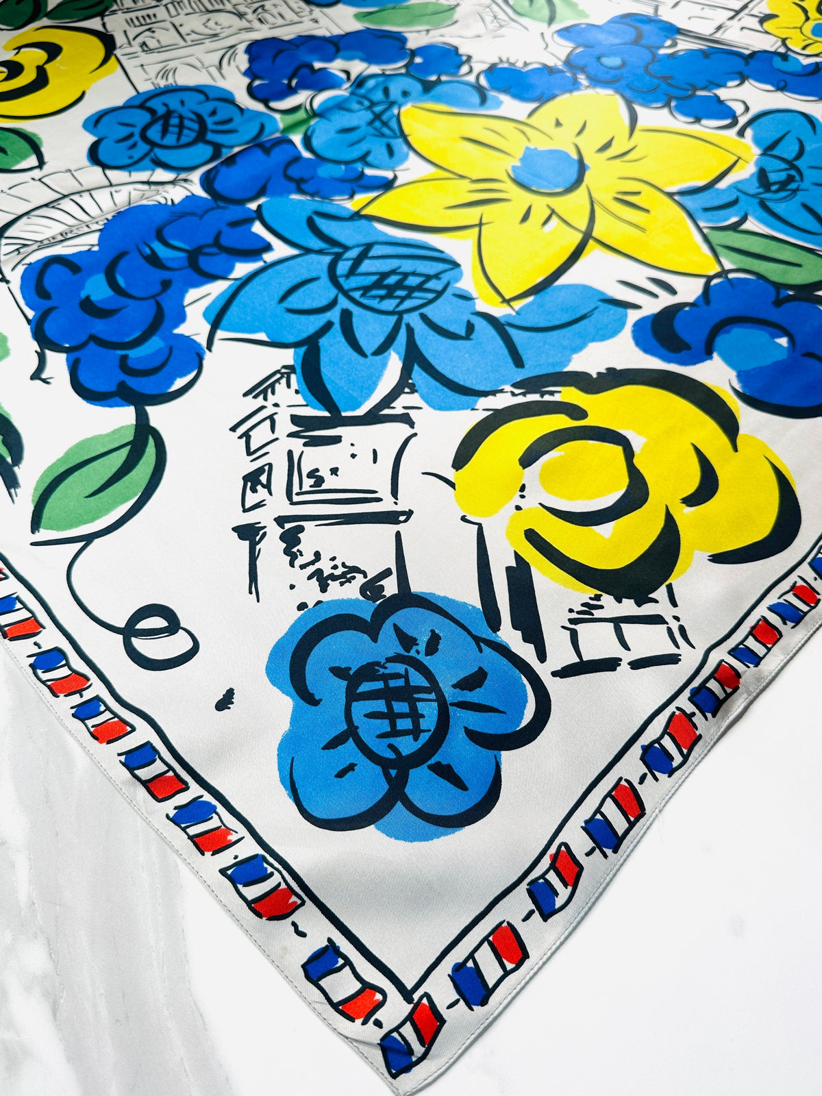 Large silk scarf Sonia Rykiel white and blue vintage floral pattern authentic