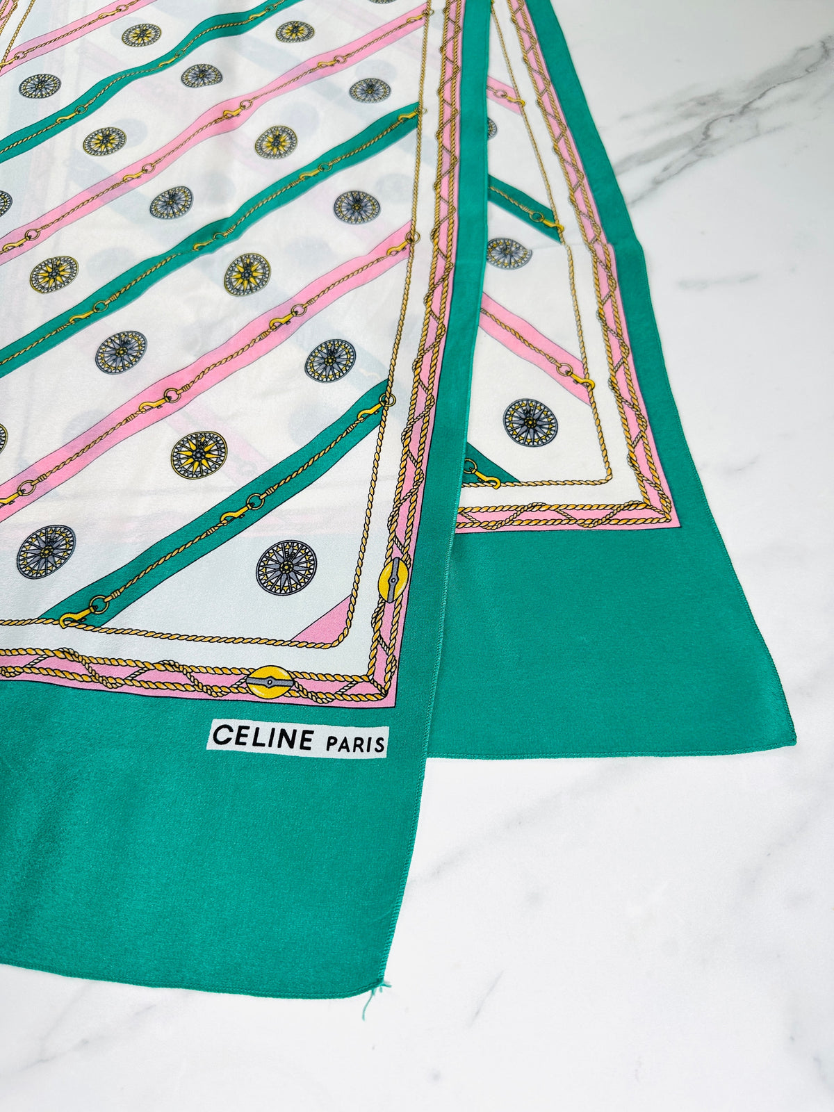 Authentic Céline Silk Scarf in Green and Cream Chain Print