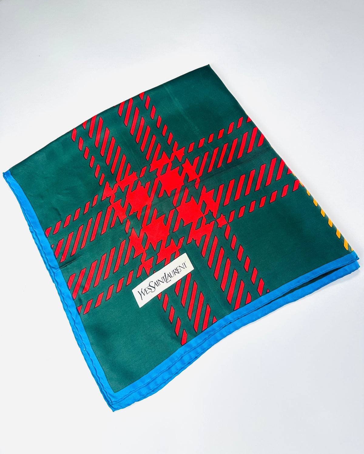 Silk Scarf Yves Saint Laurent in Green and Orange Authentic Vintage Tartan Pattern