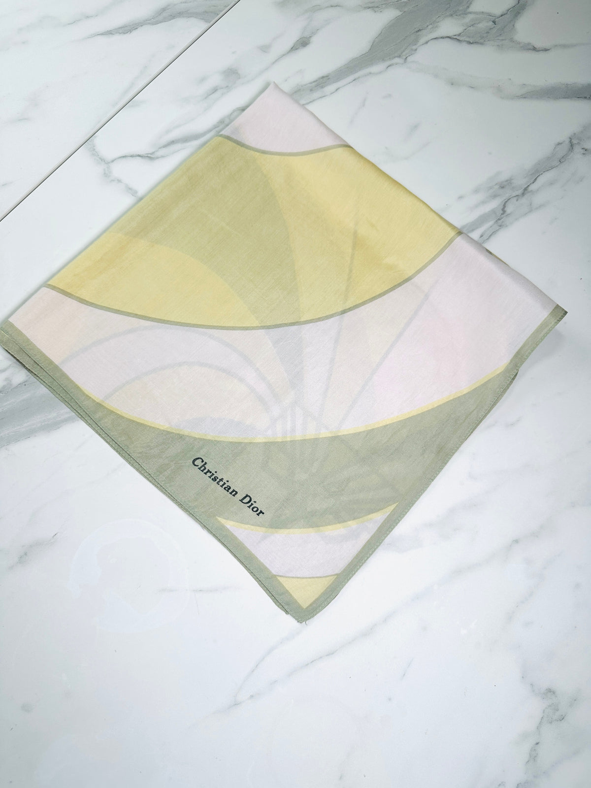 Authentic vintage silk scarf Christian Dior in yellow and green with graphic pattern