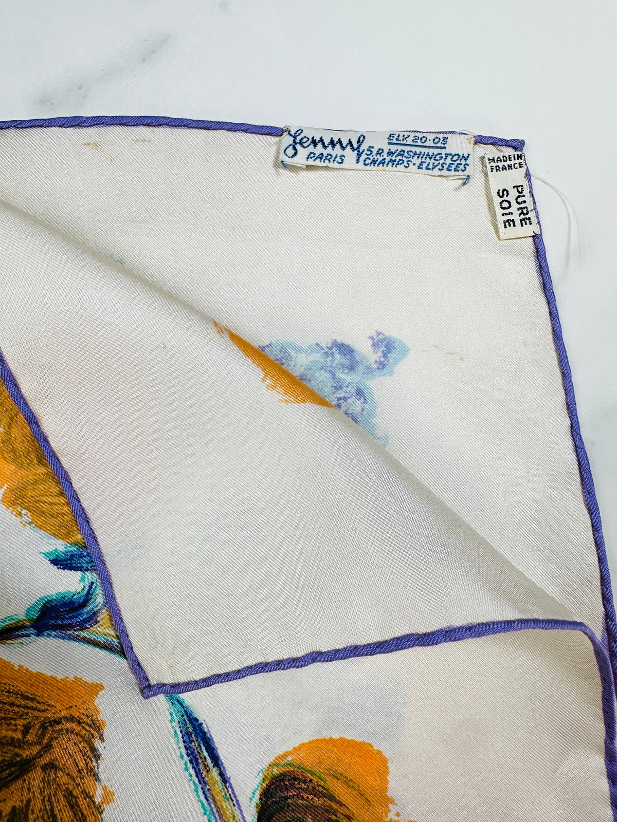 Authentic Vintage Silk Scarf Pierre Balmain Cream and Blue with Floral Pattern