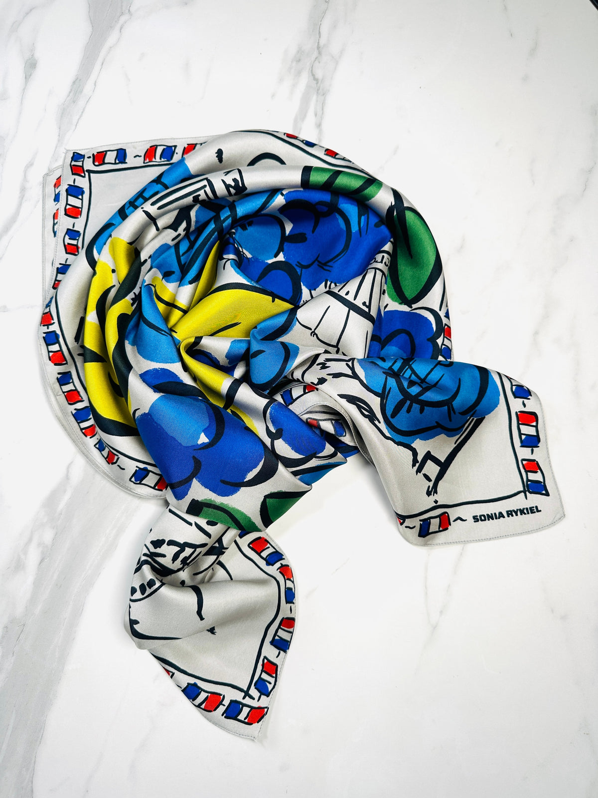 Large silk scarf Sonia Rykiel white and blue vintage floral pattern authentic