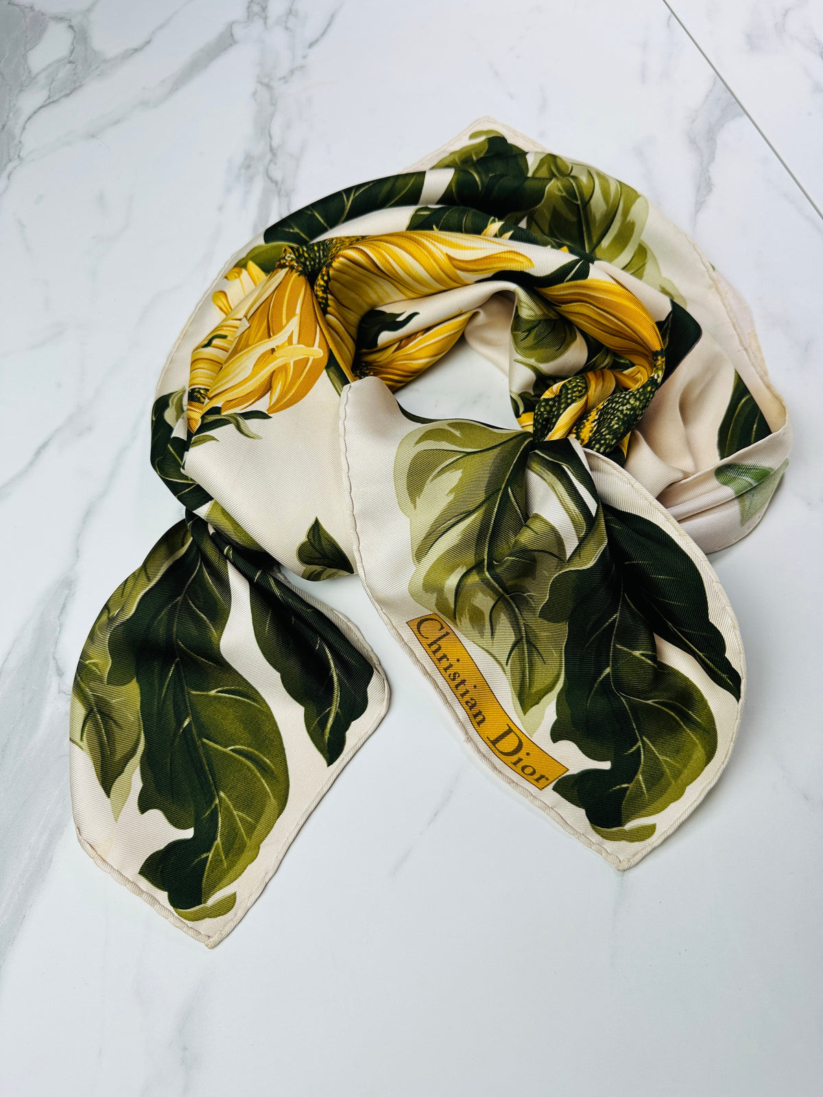 Grand foulard Christian Dior en ivoire et vert avec motif tournesol vintage Authentique