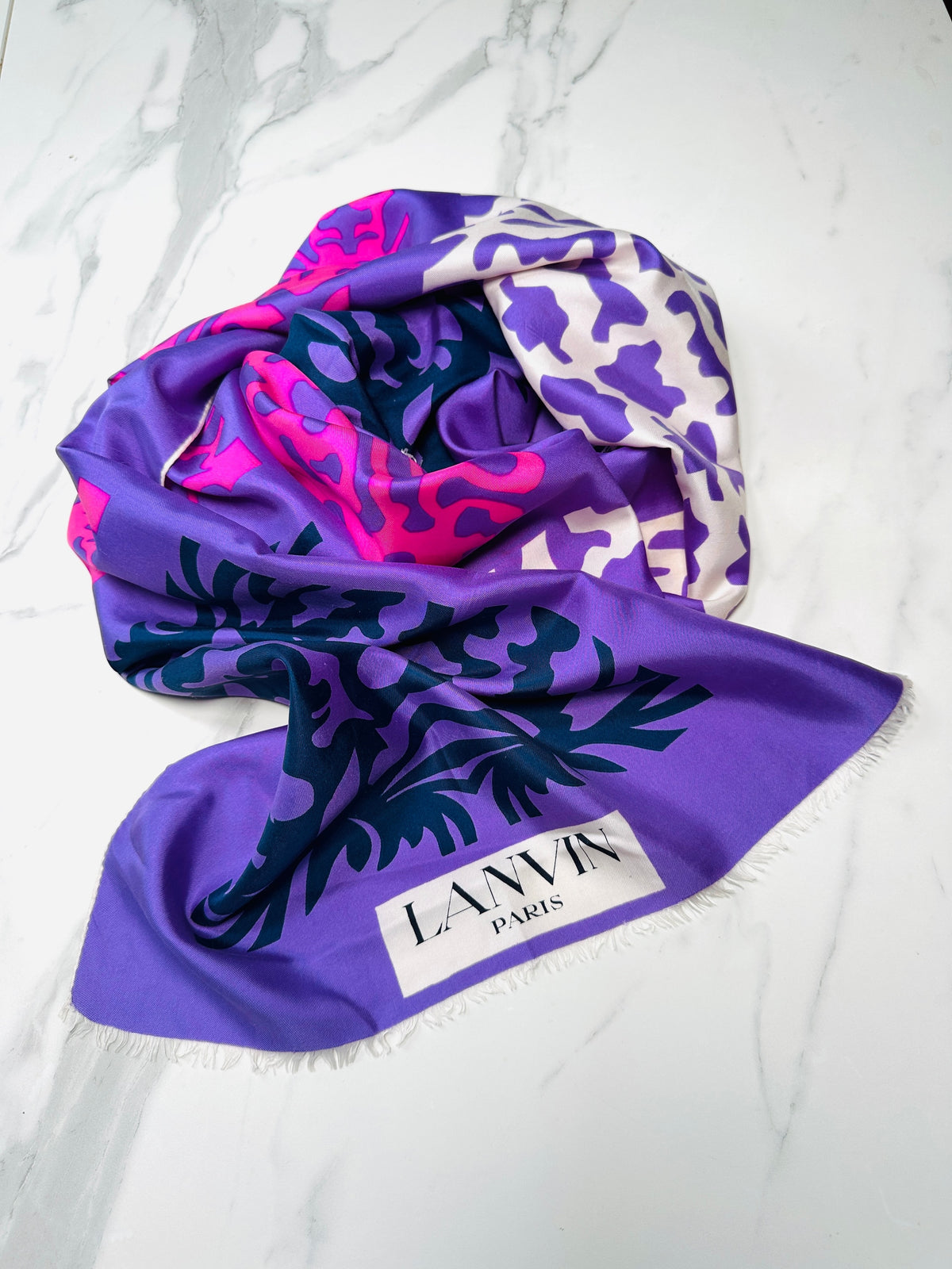 Foulard Lanvin Vintage Authentique en Soie à Motif Abstrait Violet et Rose