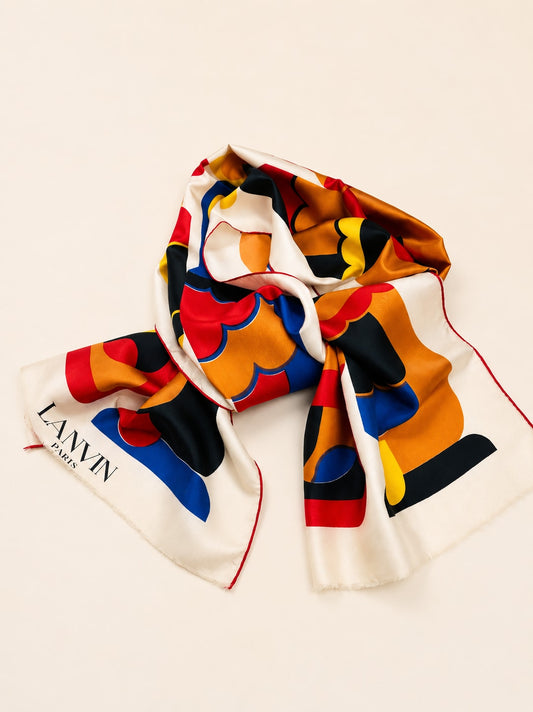 Authentic Vintage Lanvin Silk Scarf in Multicolour with Geometric Pattern