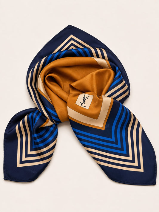 Yves Saint Laurent silk carré in navy blue and camel with authentic vintage geometric pattern