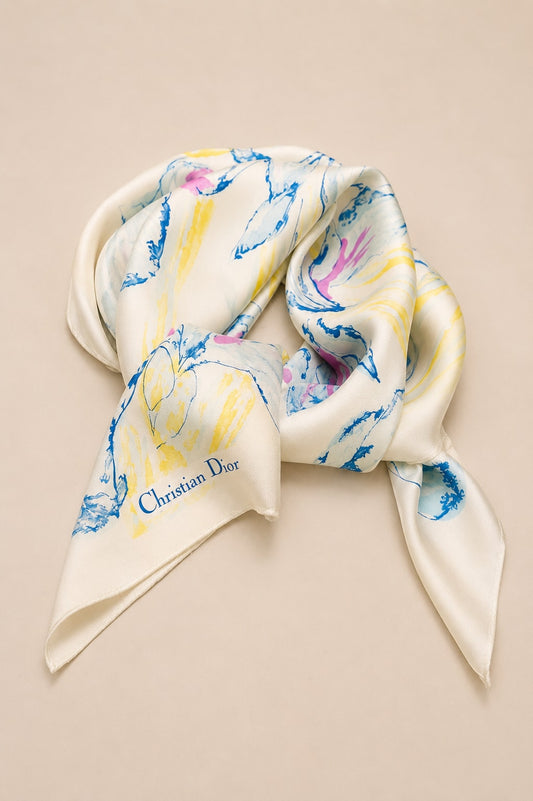 Carré Christian Dior en soie ivoire et bleu motif iris vintage authentique