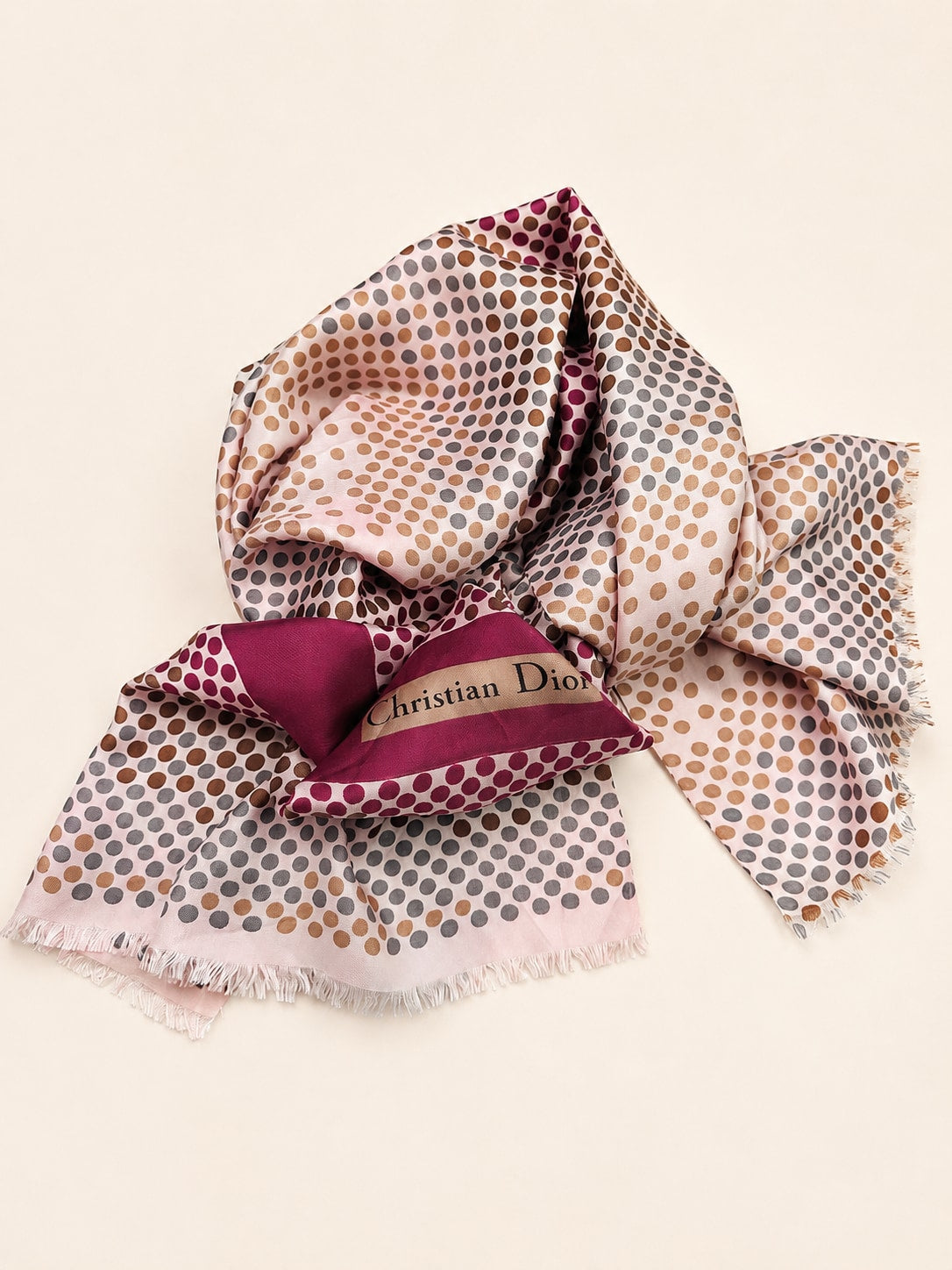 Foulard en soie à pois rose et bordeaux Christian Dior vintage authentique