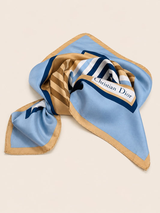 Authentic vintage Christian Dior blue and bronze satin silk scarf with striped pattern