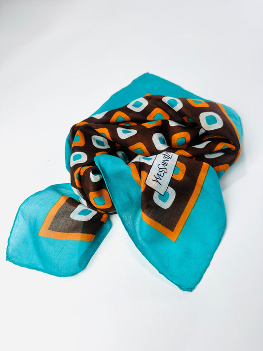 Silk Scarf Yves Saint Laurent in Brown and Turquoise with Vintage Geometric Pattern