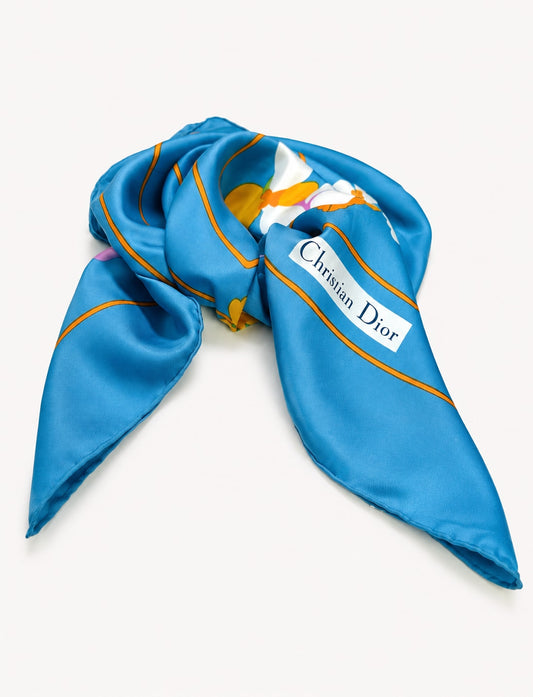 Carré Christian Dior en soie satinée bleu et orange motif floral vintage authentique