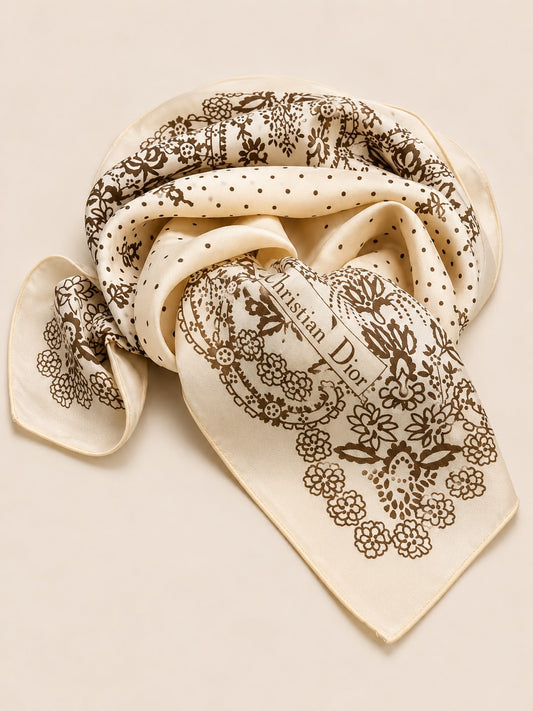 Christian Dior Vintage Authentic Ivory and Brown Floral Pattern Silk Crepe Scarf