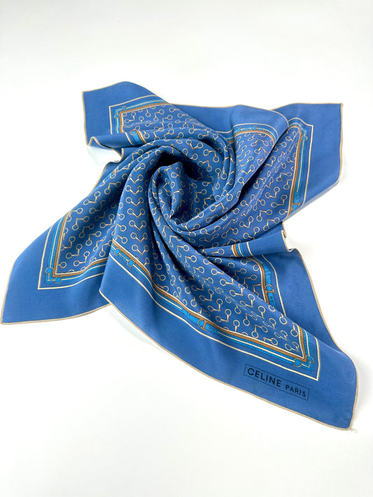 Silk Scarf Céline in Blue and Gold Vintage Equestrian Pattern
