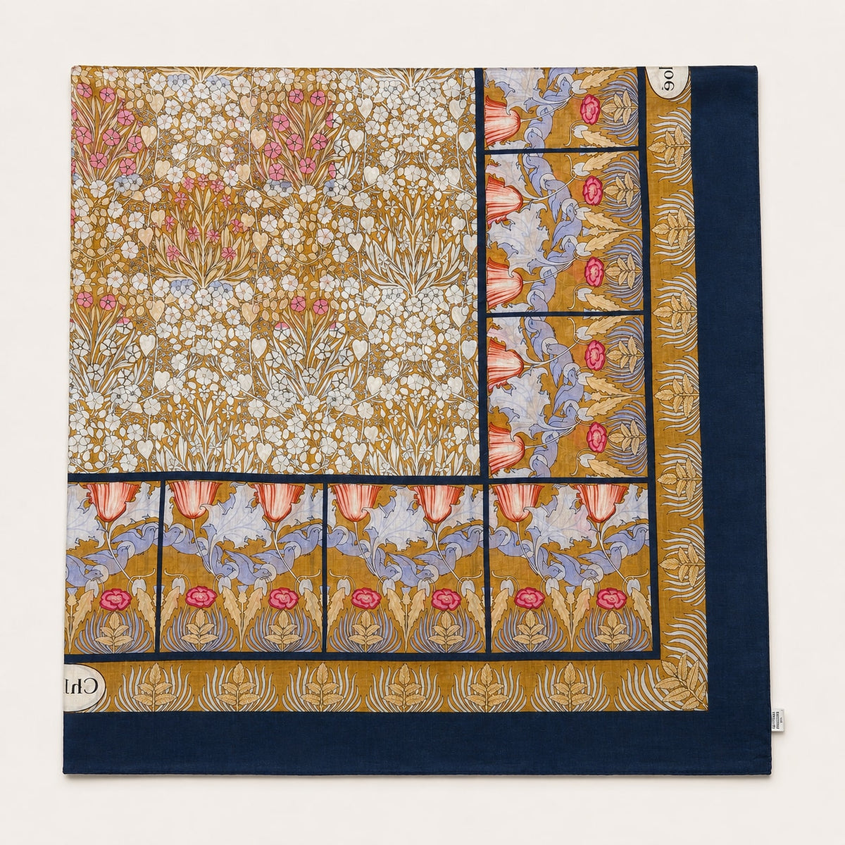 Paréo Chloé en coton bleu marine et ocre motif floral vintage authentique