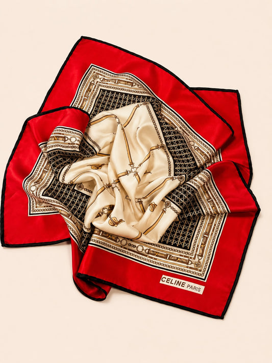 Céline Vintage Authentic Silk Scarf in Red and Cream with Equestrian Pattern