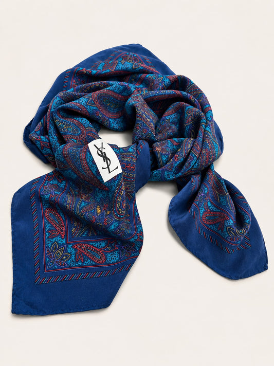 Yves Saint Laurent Silk Crepe Scarf in Blue with Vintage Paisley Pattern