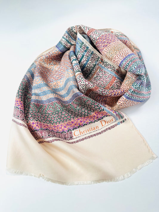 Silk scarf Christian Dior in pink and cream with vintage authentic Japanese floral pattern