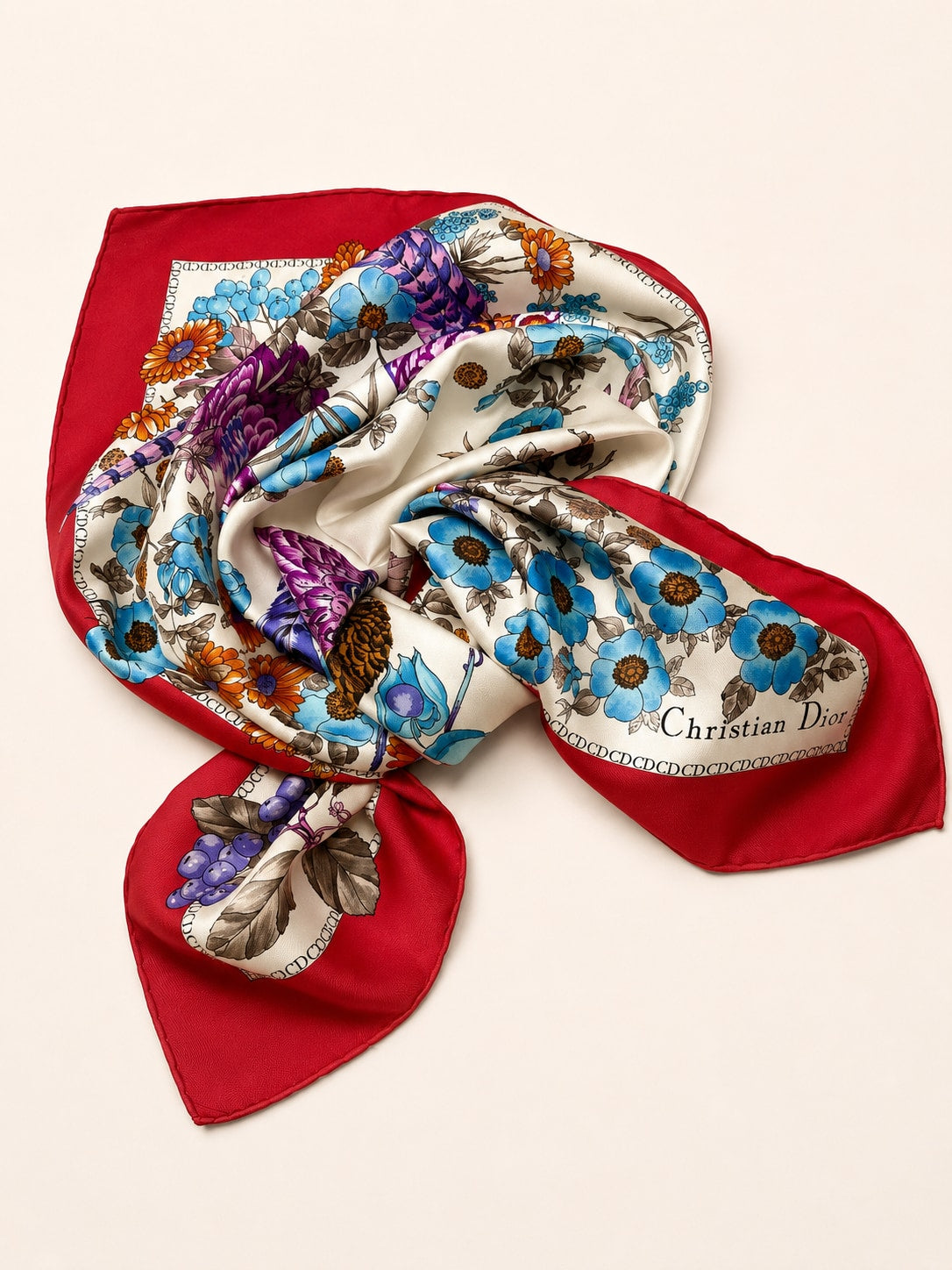 Grand foulard Christian Dior en soie rouge et blanche avec motif floral vintage authentique