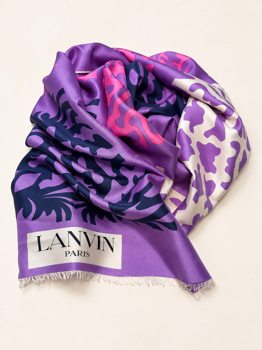 Authentic Vintage Lanvin Silk Scarf with Abstract Purple and Pink Pattern