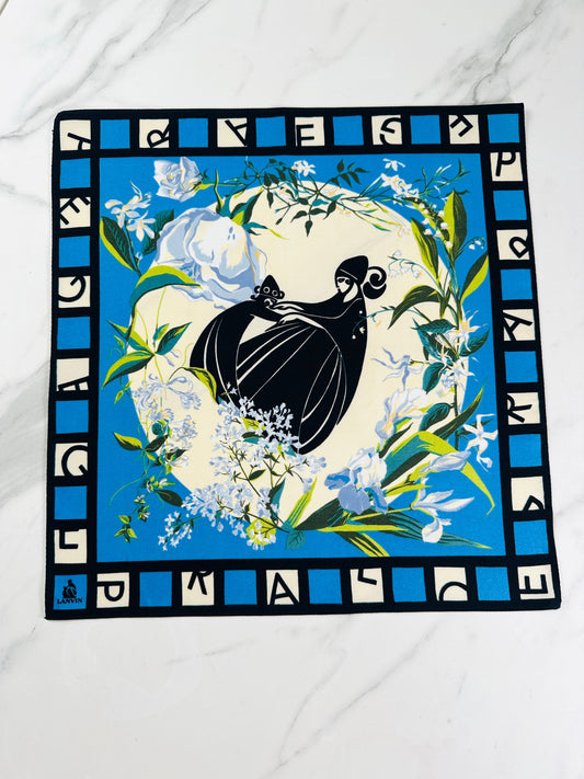 Authentic Vintage Floral Pattern Blue and Black Silk Scarf by Lanvin