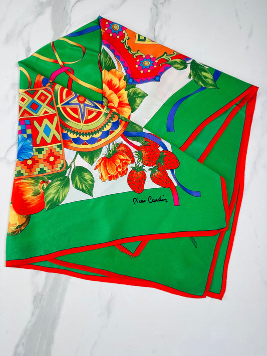 Silk Scarf Pierre Cardin in Green and Red Vintage Floral Pattern
