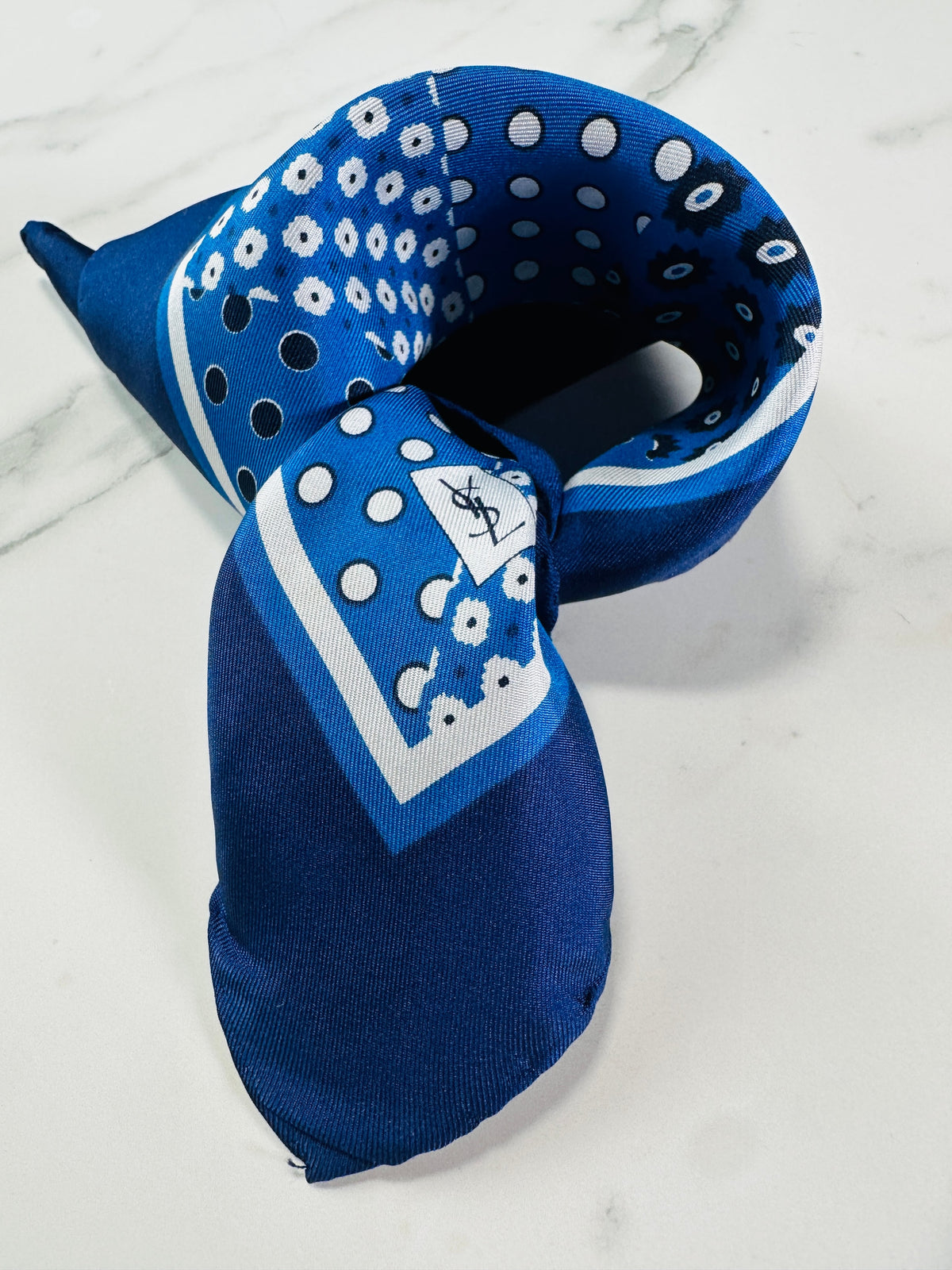 Authentic Vintage YSL Silk Scarf in Dark Blue and White Geometric Pattern