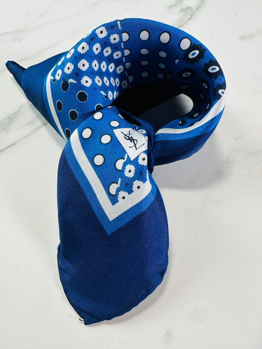 Authentic Vintage YSL Silk Scarf in Dark Blue and White Geometric Pattern