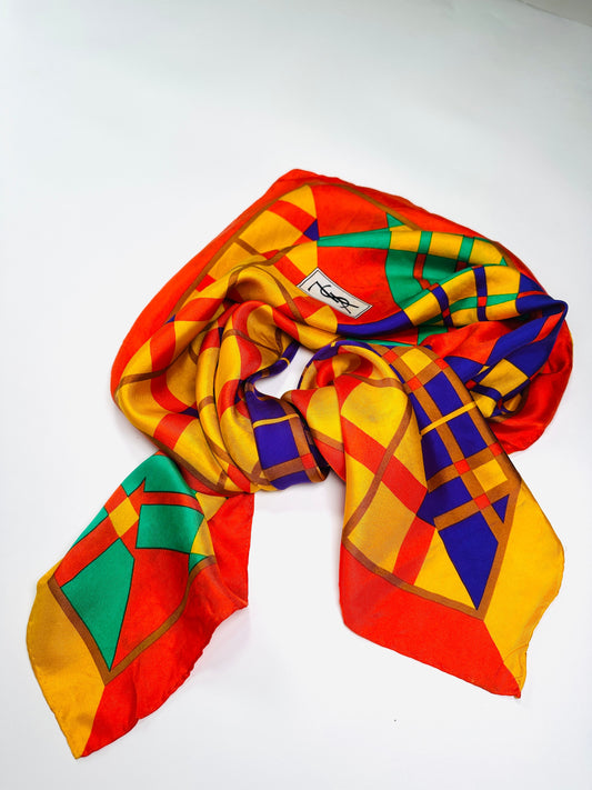 Large Silk Scarf Yves Saint Laurent in Yellow and Red Vintage Geometric Pattern