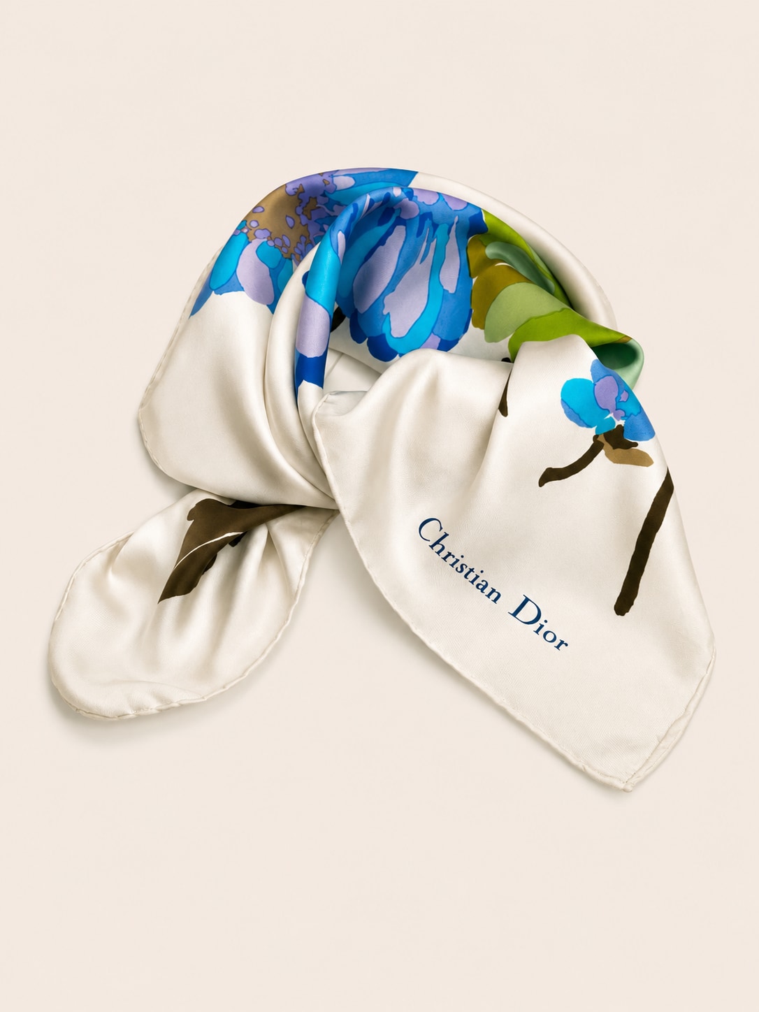 Foulard en soie vintage authentique Christian Dior ivoire et bleu à motif floral