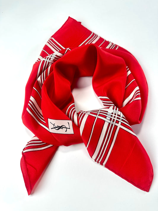 Silk scarf Yves Saint Laurent in red and white vintage stripes authentic