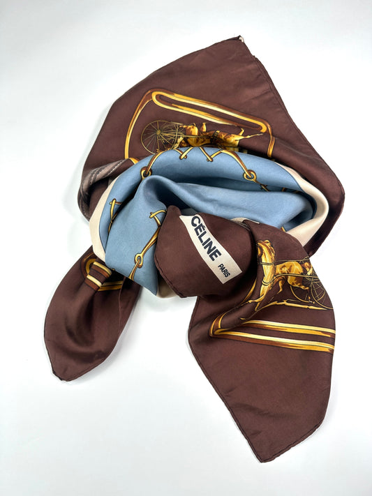 Large Silk Scarf Céline in Brown and Blue Vintage Equestrian Pattern