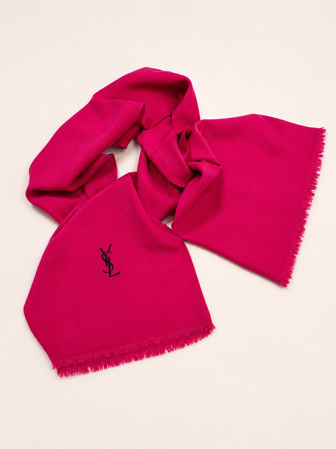 Authentic Vintage Yves Saint Laurent Raspberry Silk Scarf with Logo Pattern