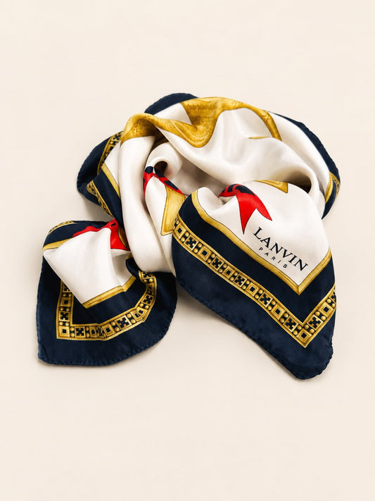 Ivory and navy animal print silk scarf Lanvin authentic vintage