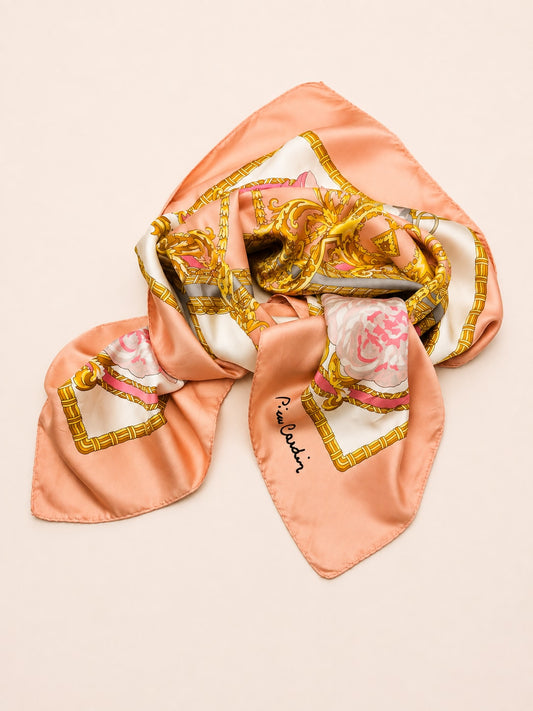 Large silk scarf Pierre Cardin pink and cream with authentic vintage floral pattern
