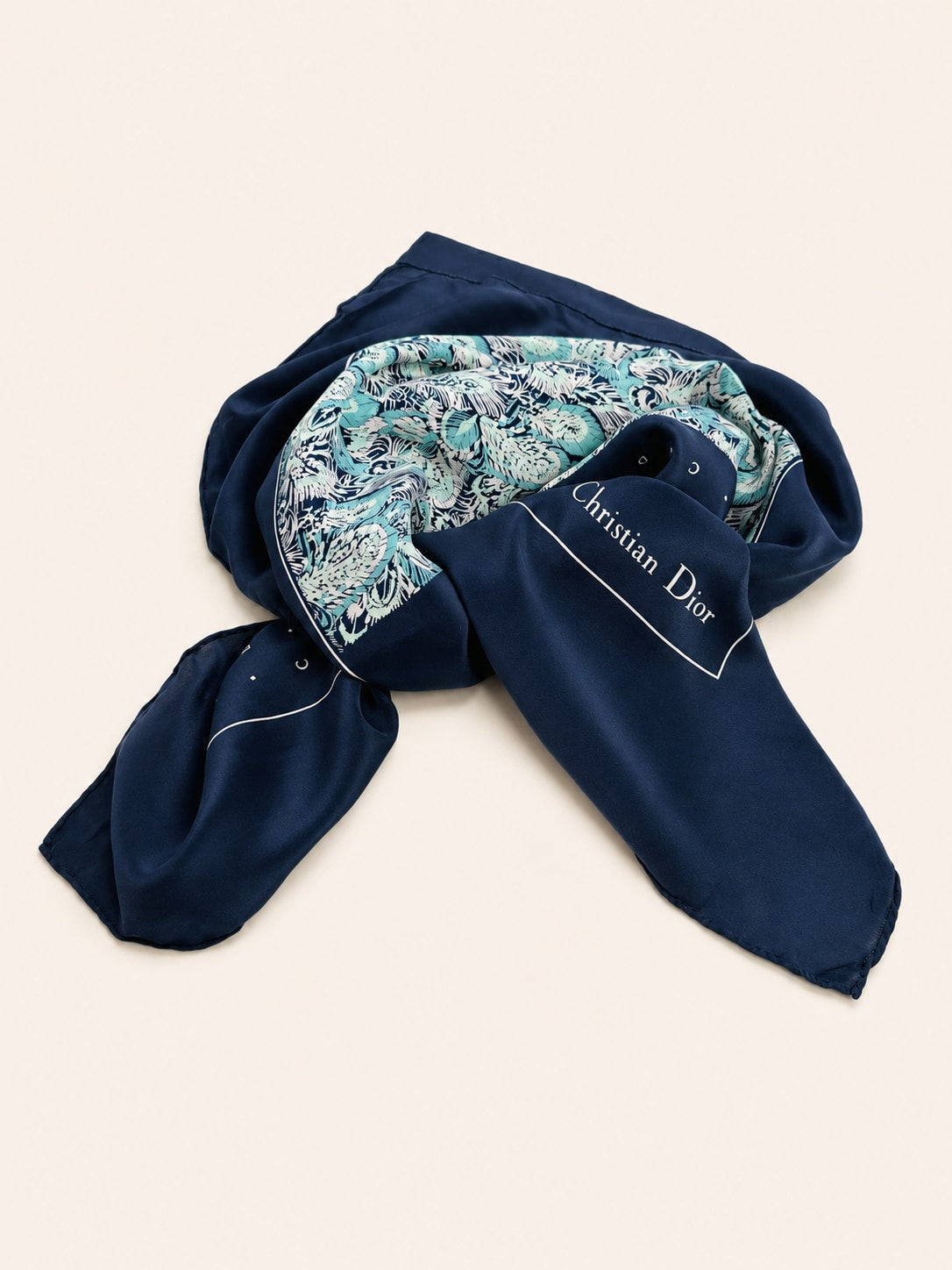 Foulard en soie vintage authentique Christian Dior à motif floral bleu marine et turquoise