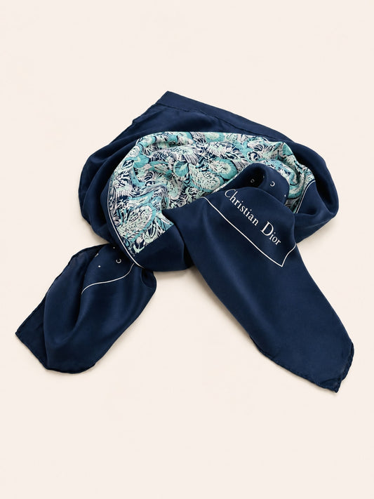 Authentic Vintage Silk Scarf Christian Dior in Navy Blue and Turquoise Floral Pattern