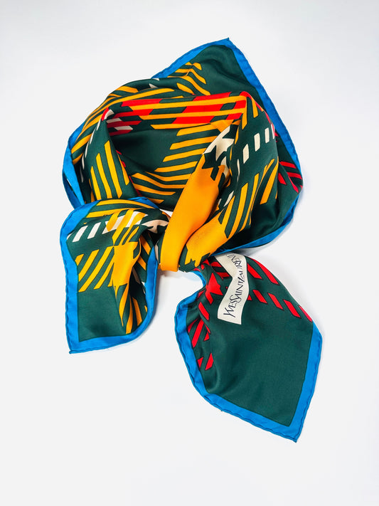 Silk Scarf Yves Saint Laurent in Green and Orange Authentic Vintage Tartan Pattern