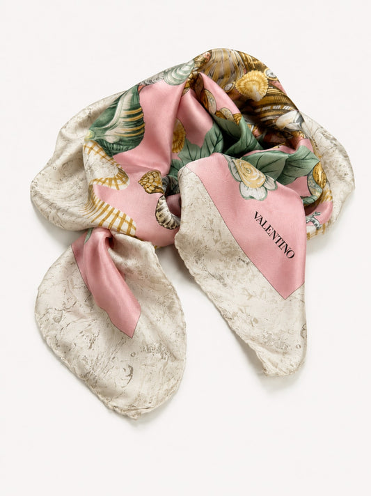Large Valentino silk satin square in pink and ivory with vintage floral pattern