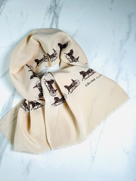 Silk scarf Céline in cream and black equestrian pattern vintage authentic