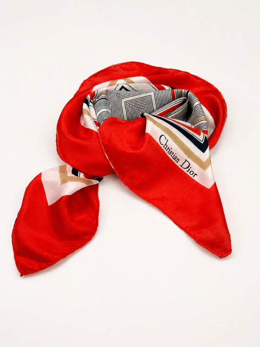 Carré Christian Dior en soie rouge et ivoire motif géométrique vintage authentique
