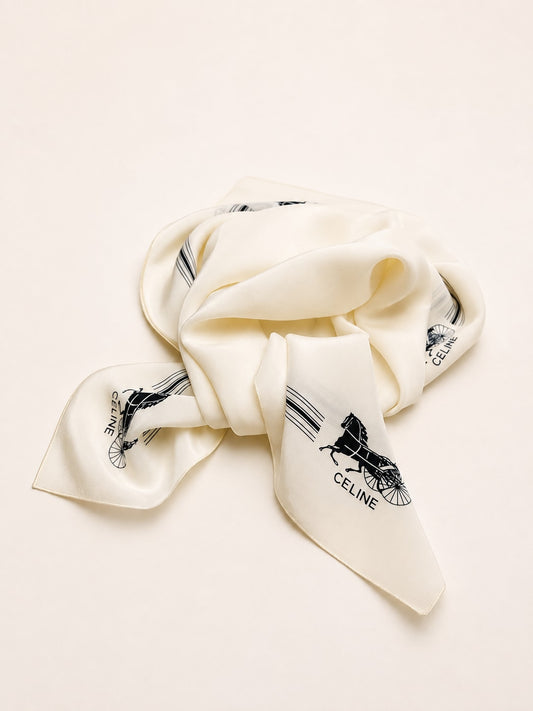 Céline Authentic Vintage Silk Crepe Scarf in Cream and Black with Equestrian Pattern