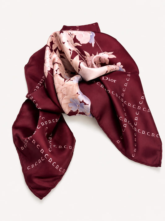 Carré Christian Dior en soie bordeaux et rose motif floral vintage authentique