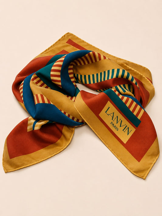Authentic vintage silk scarf Lanvin in brown and beige striped pattern